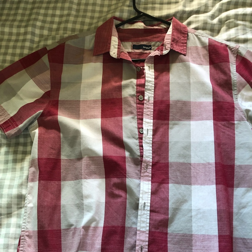 Short Sleeve Red Square Pattern Button Up Shirt